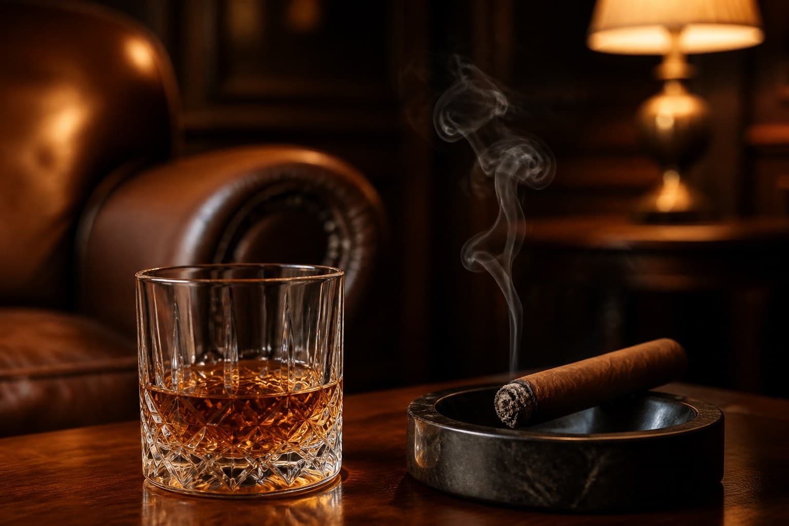 Rocks glass of bourbon beside a lit cigar in an ashtray on cedar — classic lounge pairing