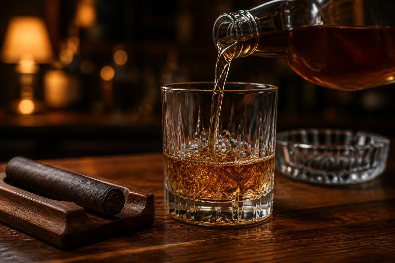 Bourbon pour into a glass next to a dark Maduro cigar on cedar