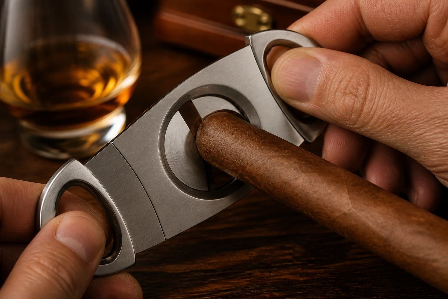 Stainless cigar cutter positioned on the cap of a cigar before a clean cut