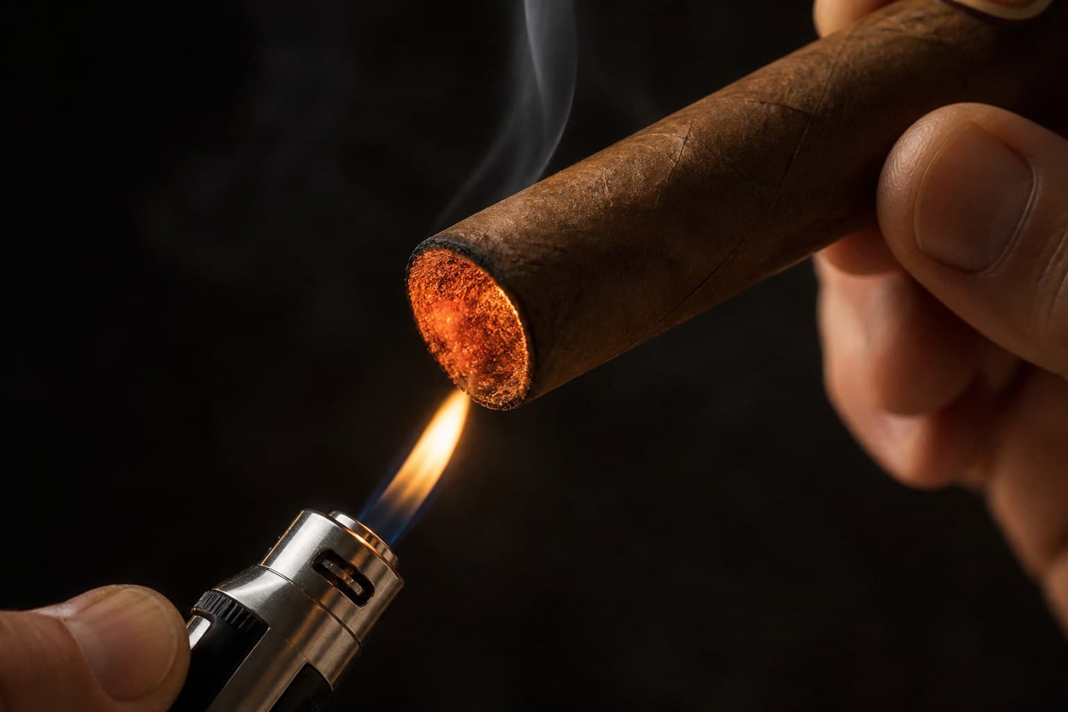 Toasting a cigar foot with a soft flame until it glows evenly