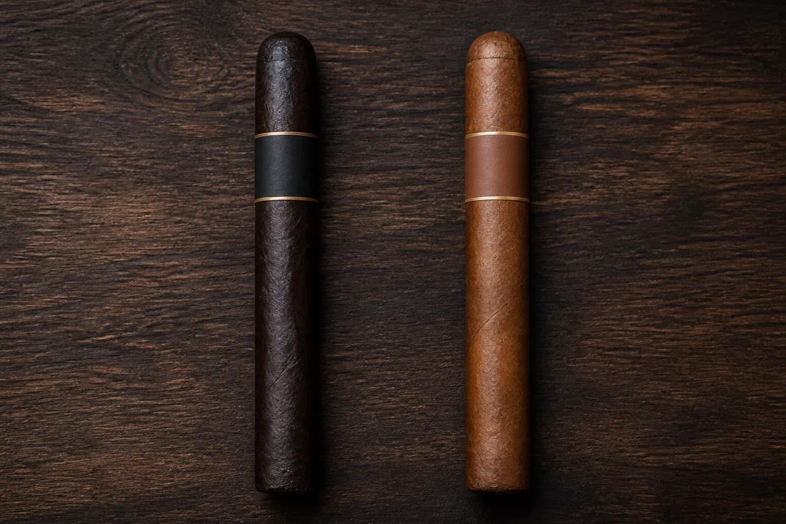 Side-by-side Maduro and Habano cigars — dark oily wrapper versus medium-brown Habano