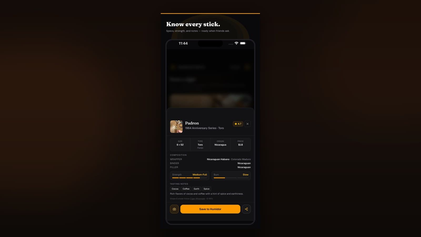 Scan confirm screen with Save to Humidor — size, origin, wrapper, and flavor tags ready to edit