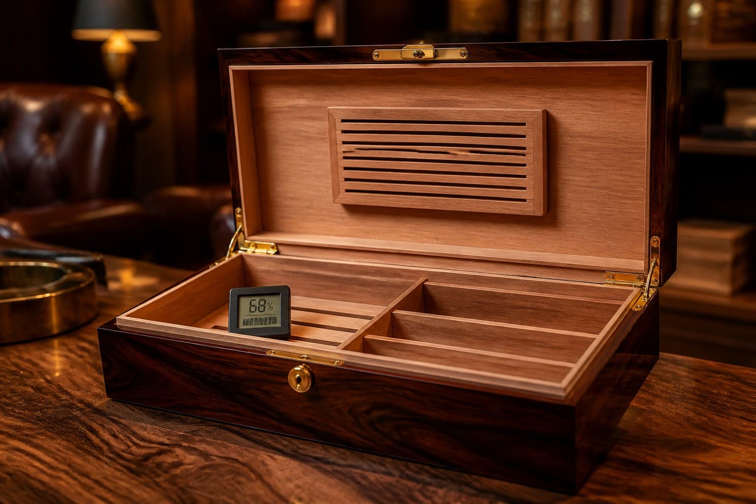 Open Spanish cedar humidor with digital hygrometer reading stable RH during seasoning
