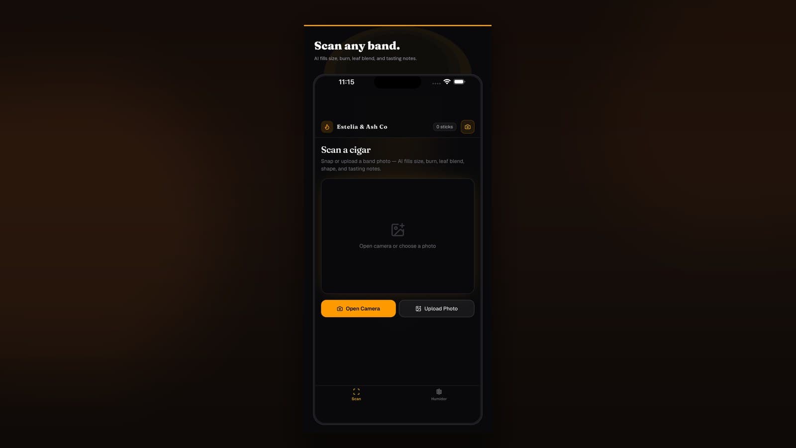 Cigar band scan camera UI — AI fills size, leaf blend, and tasting notes from a photo