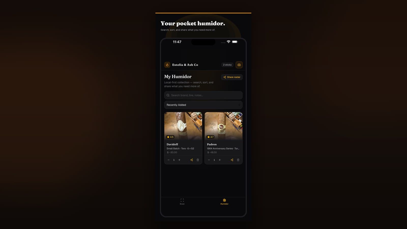 My Humidor search and sort filters for brand, line, and notes