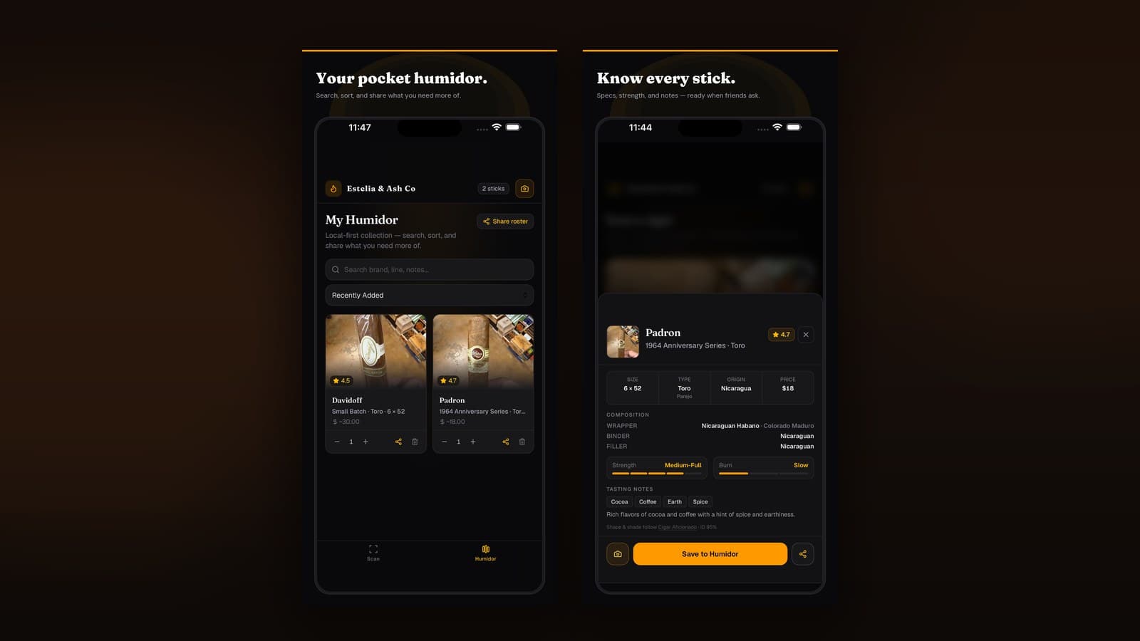 Side-by-side app screens: pocket humidor inventory grid and cigar technical specs with strength gauges