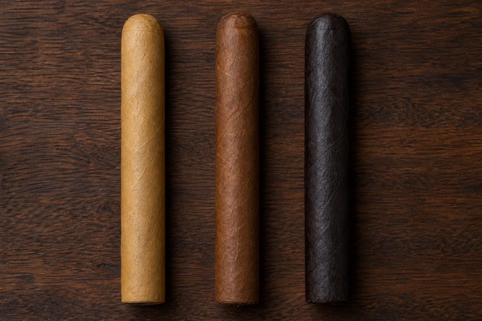 Three cigars comparing Connecticut, Habano, and Maduro wrapper colors side by side