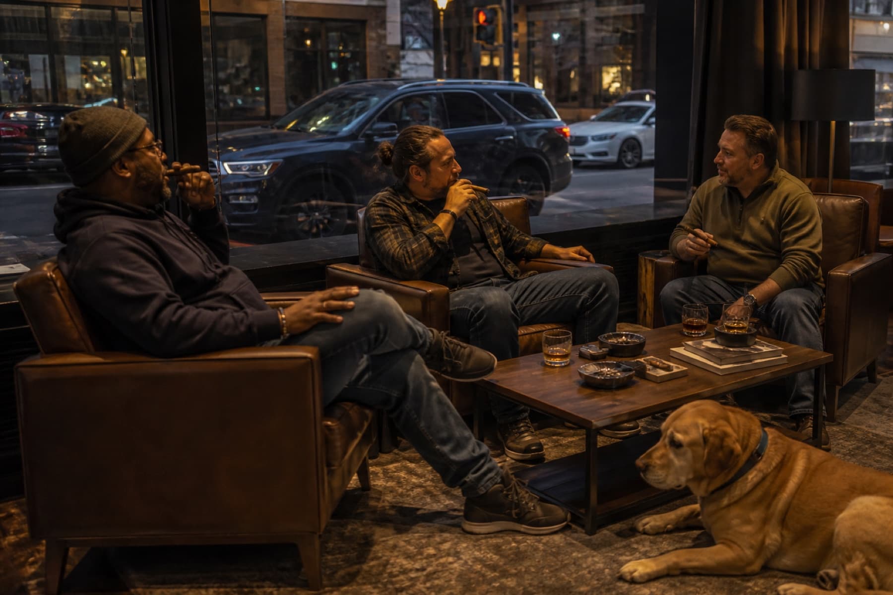 Everyday friends in a street-level Philadelphia cigar lounge — cars outside the window, modern chairs, a dog nearby.